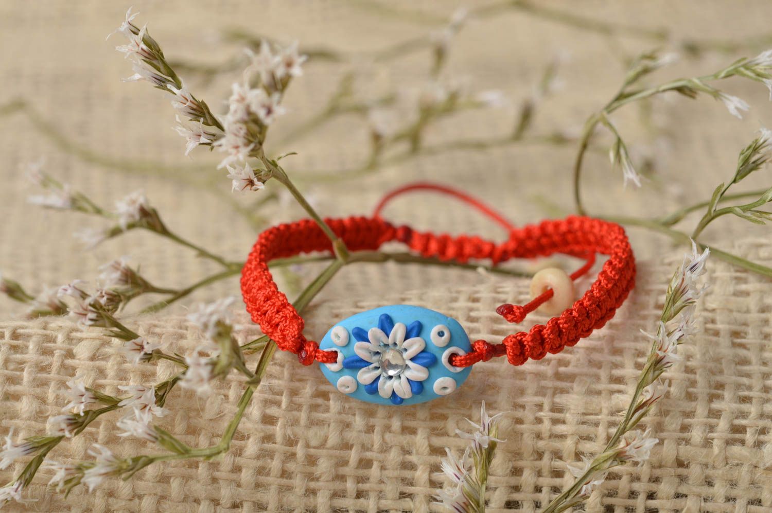 Handmade bracelet unusual jewelry clay bracelet threads accessory gift for girl photo 1