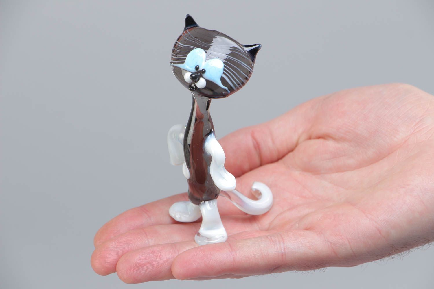 Handmade collectible miniature lampwork glass animal figurine of gray kitten photo 5