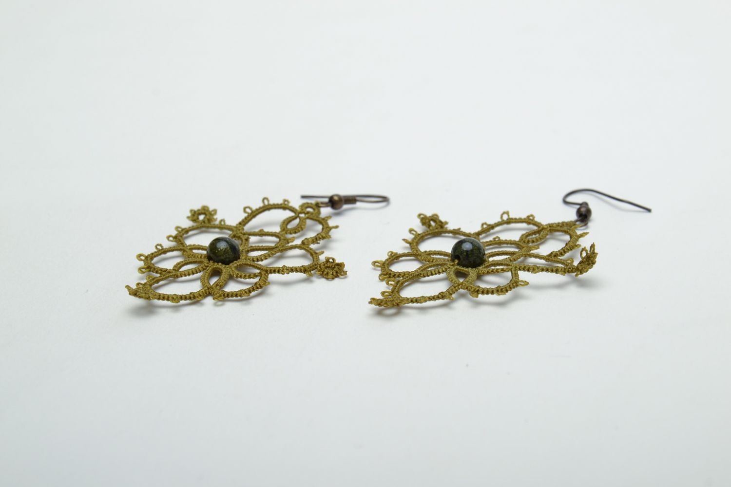Crochet earrings with beads Olive photo 3