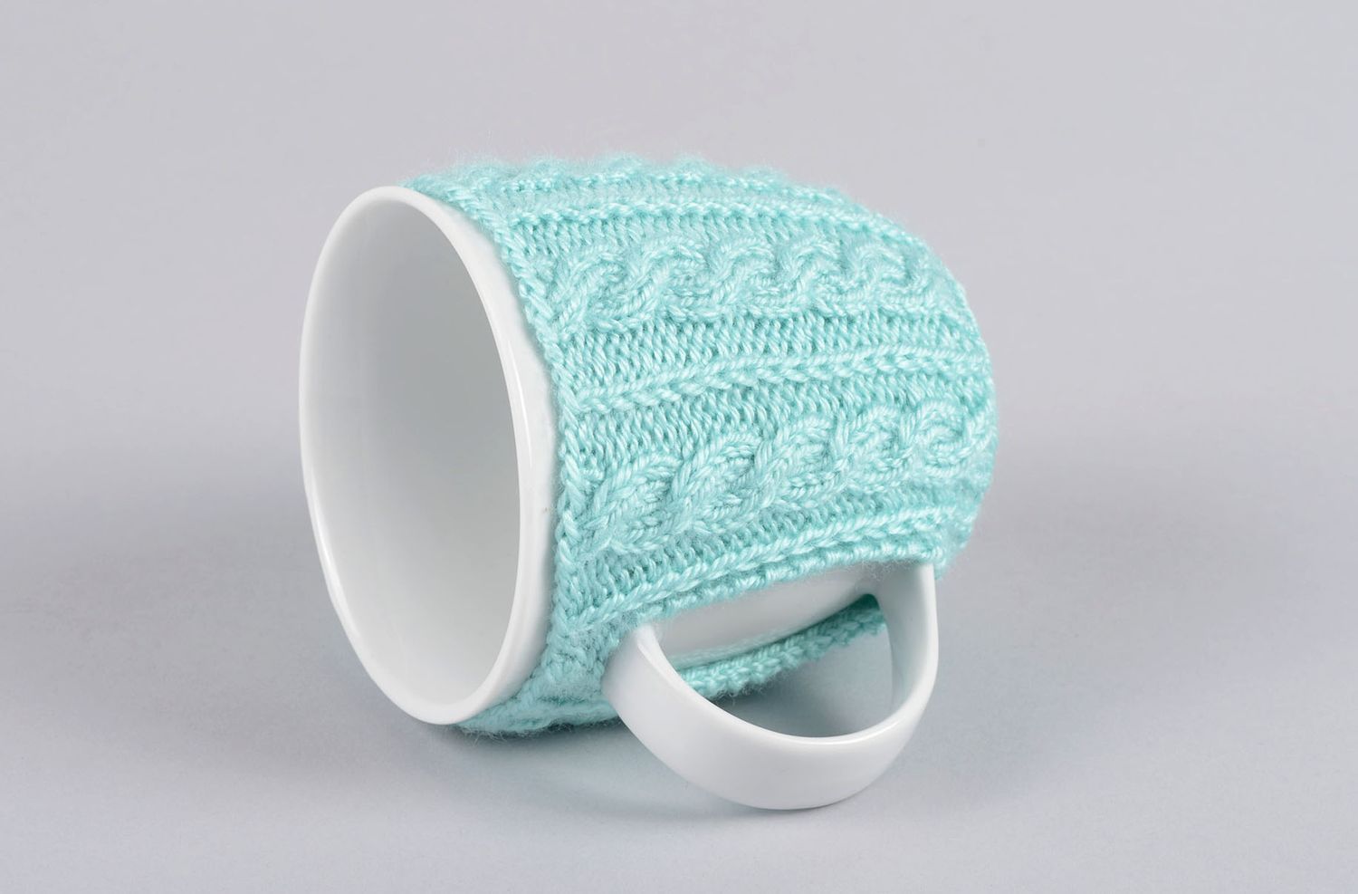White teacup with handle and knitted cover in any color photo 3