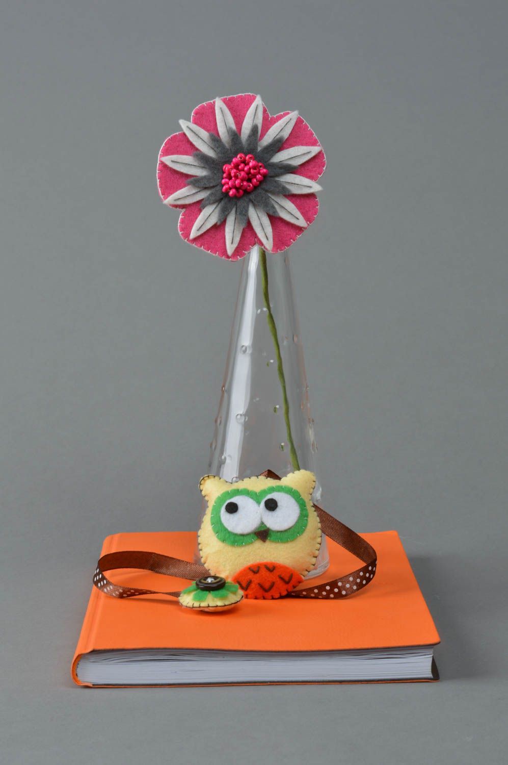 Handmade bookmark with small yellow felt owl charm on ribbon of chocolate color photo 1