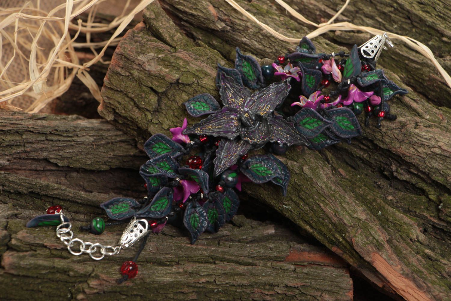 Handmade stylish bracelet made of polymer clay with black orchids on chain photo 2