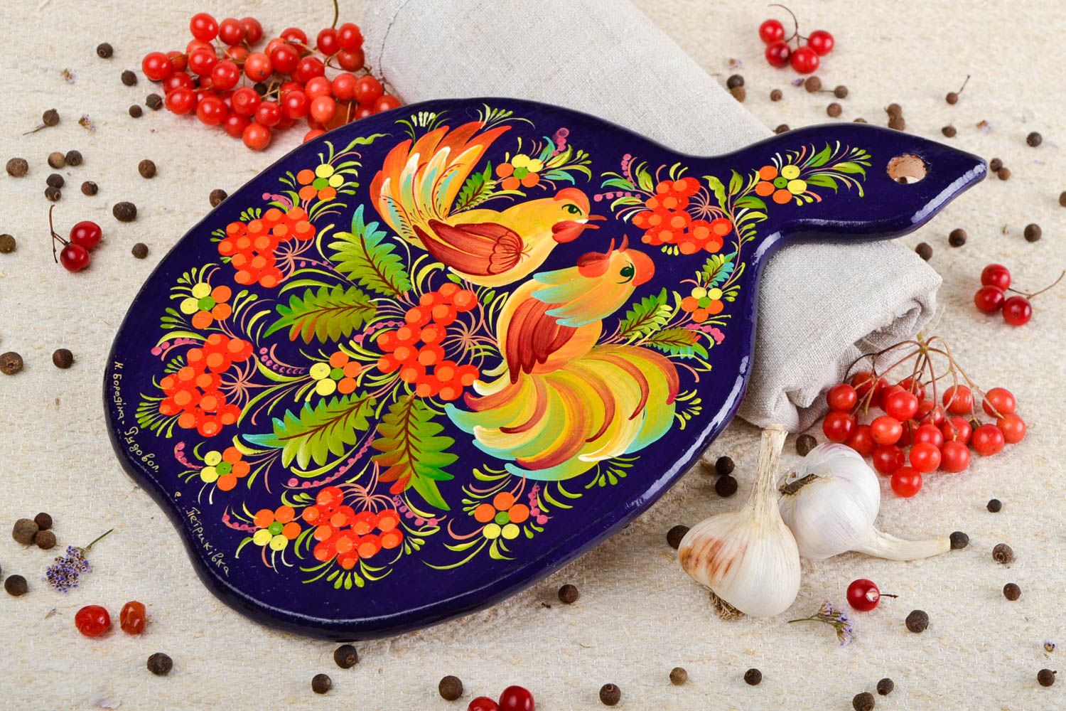 Handmade wooden cutting board decorative chopping board kitchen utensils Petrykivka painting photo 1