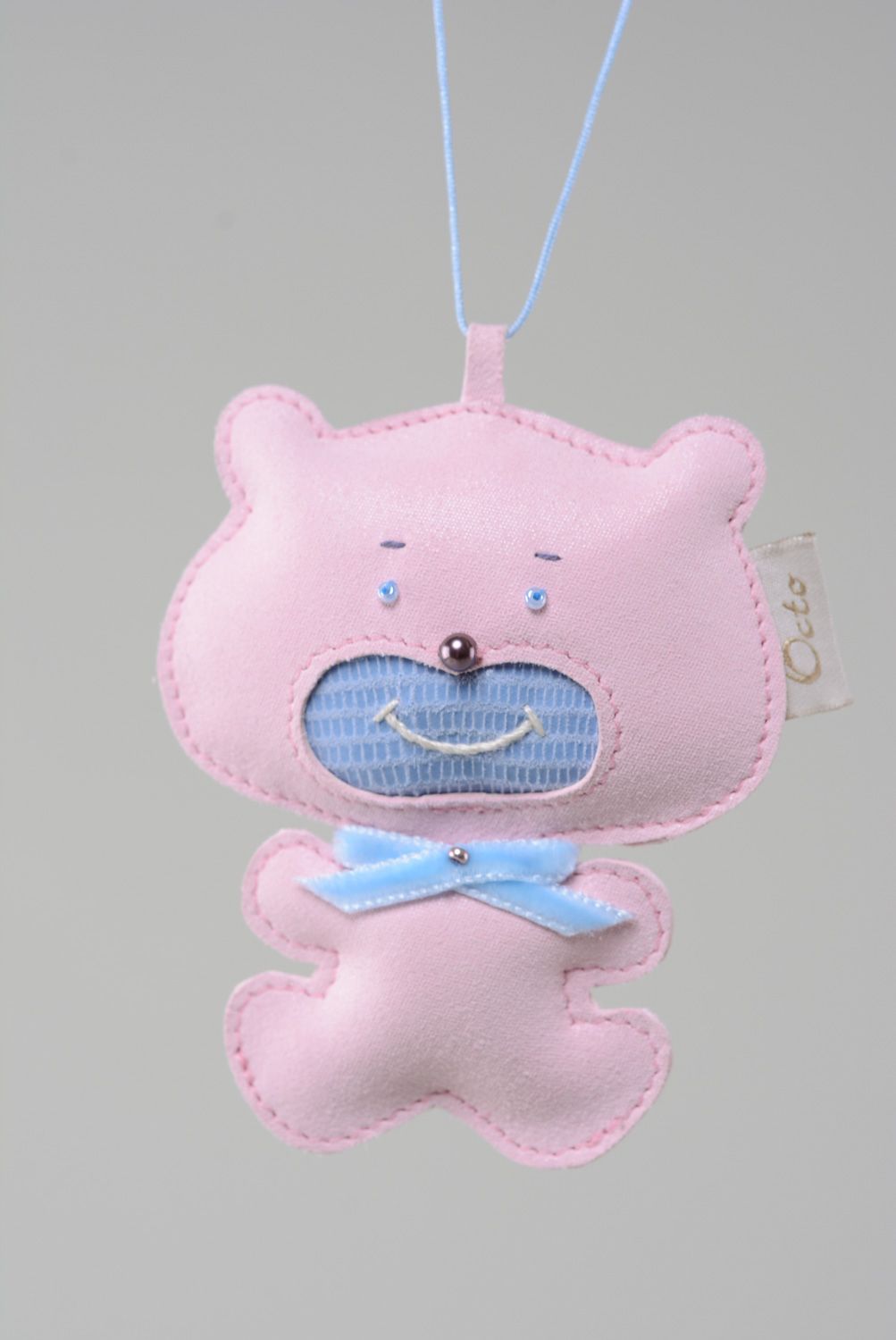Homemade genuine leather key fob in the shape of cute pink bear charm for bag photo 1