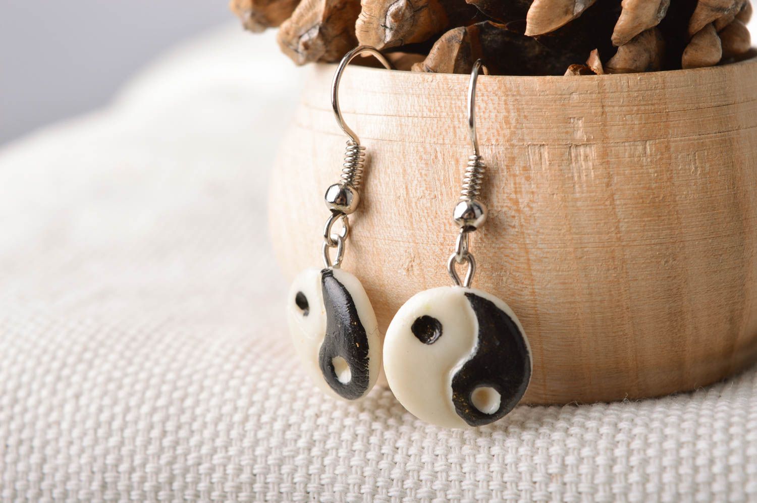 Handmade designer round cold porcelain black and white earrings Yin and Yang photo 1