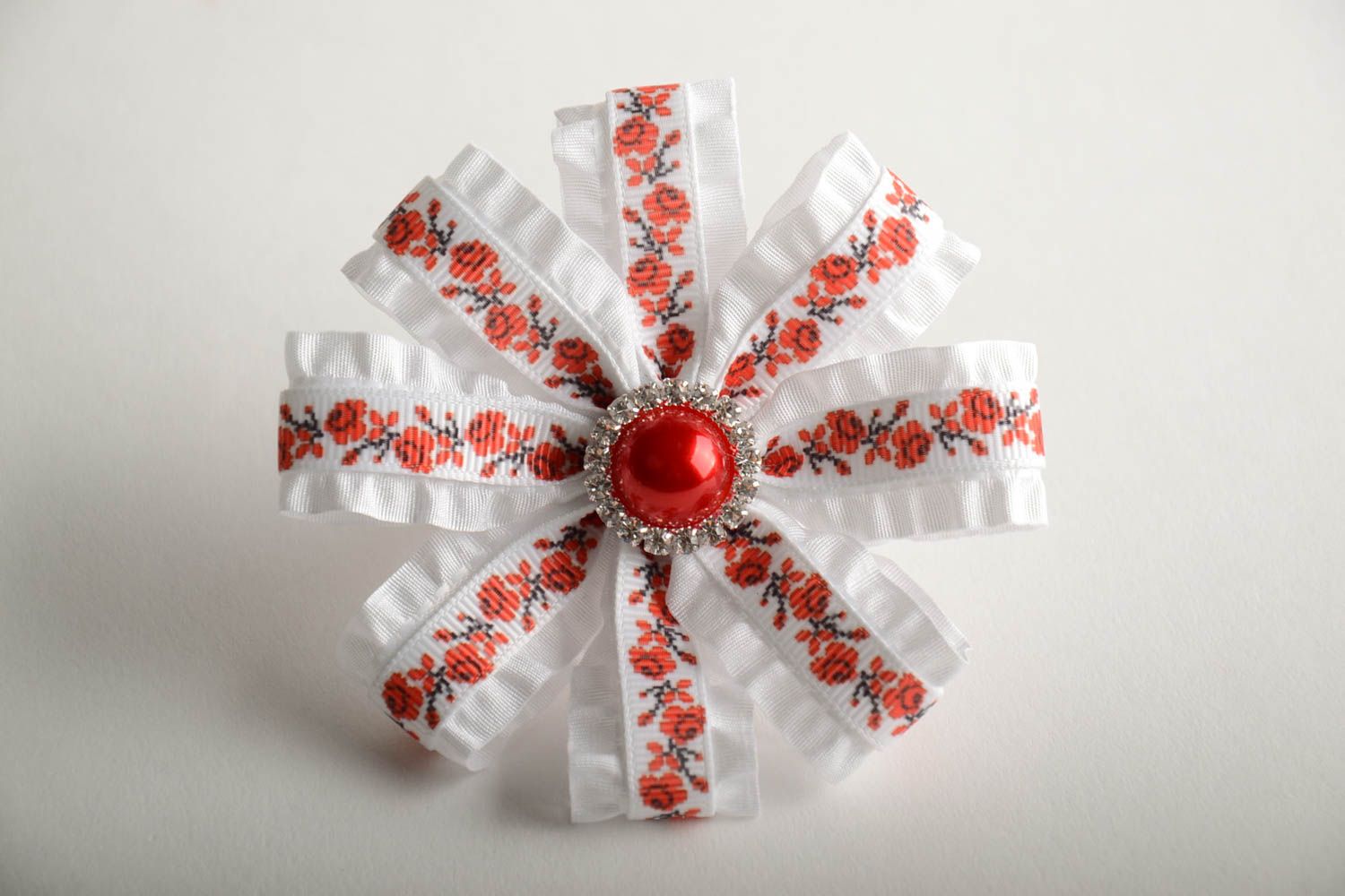 White scrunchy made of rep and satin ribbons with bow handmade designer barrette photo 2