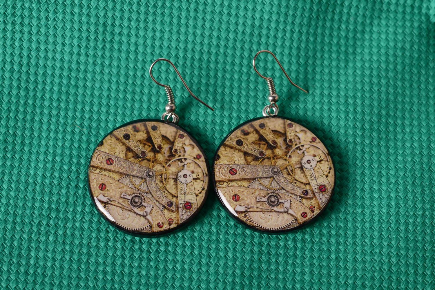 Trendy earrings handmade accessories round decoupage earrings with watch parts  photo 1