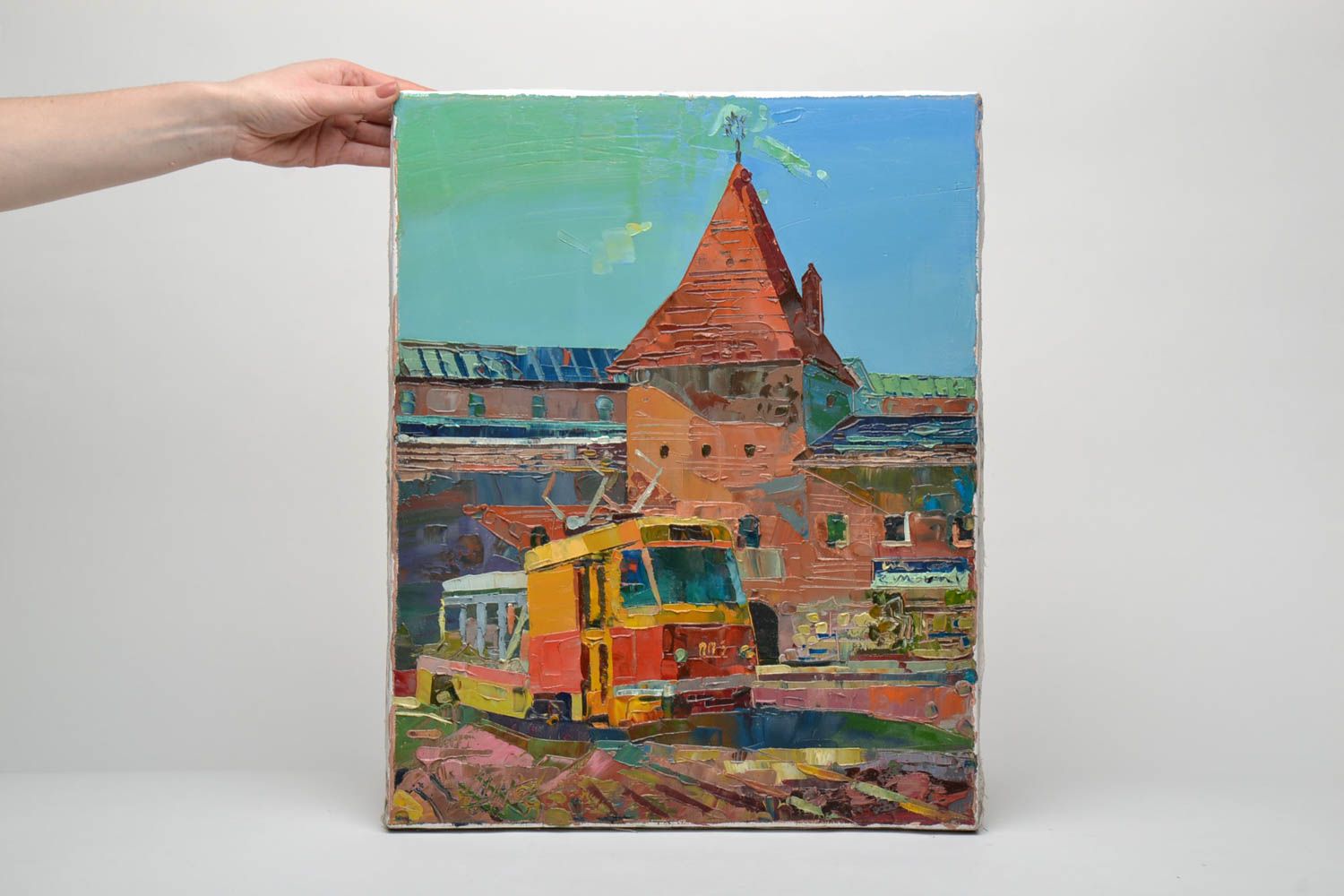 Gemälde in Öl und mit Palettenmesser Straßenbahn foto 5