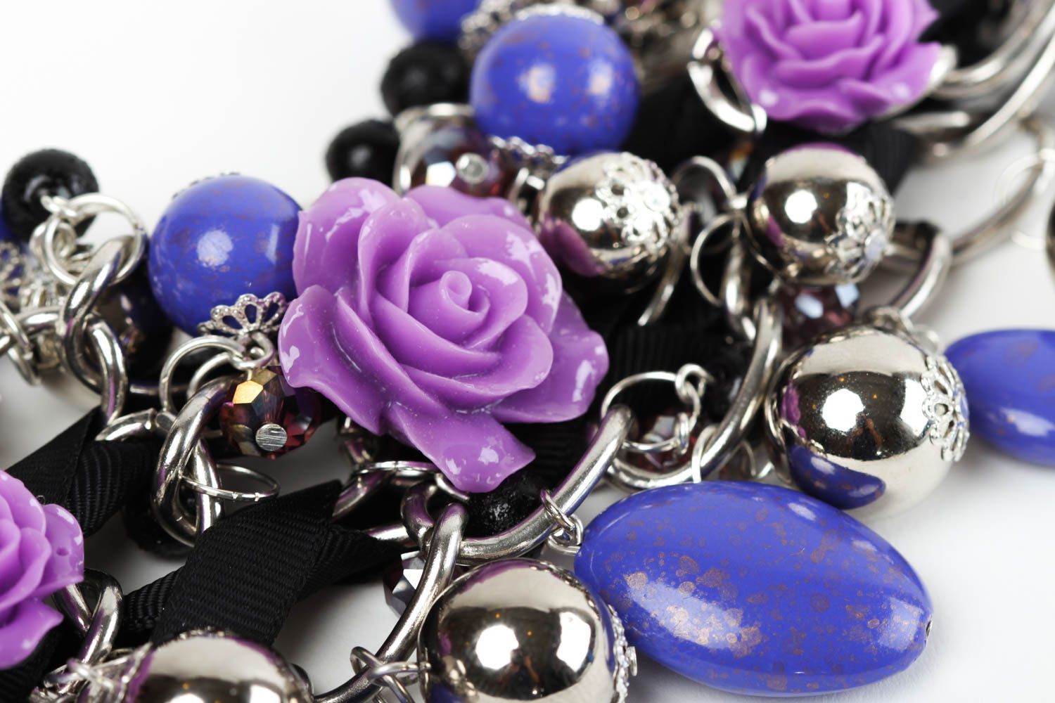 Purple roses with blue beads large bracelet charm bracelet for women photo 2