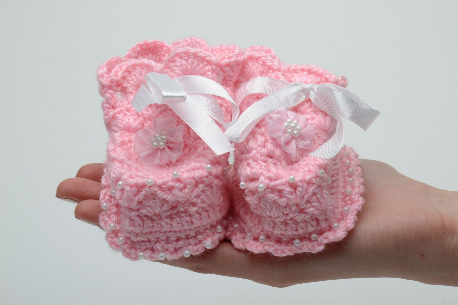 Handmade pink crochet baby set booties and hat 2 items photo 5