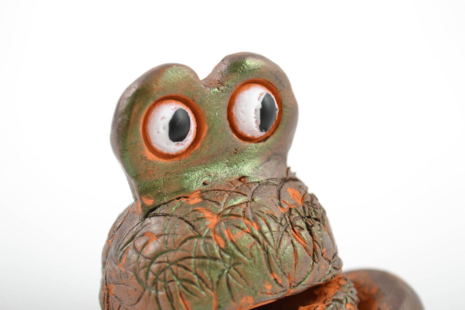 Handmade funny miniature collectible ceramic figurine of frog molded of red clay photo 5