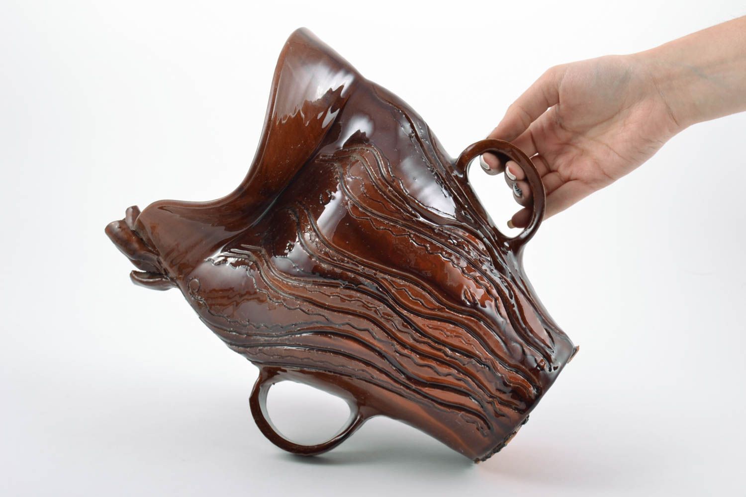Braune bemalte Deko Vase aus Ton für Blumen mit Glasur künstlerische Handarbeit foto 2