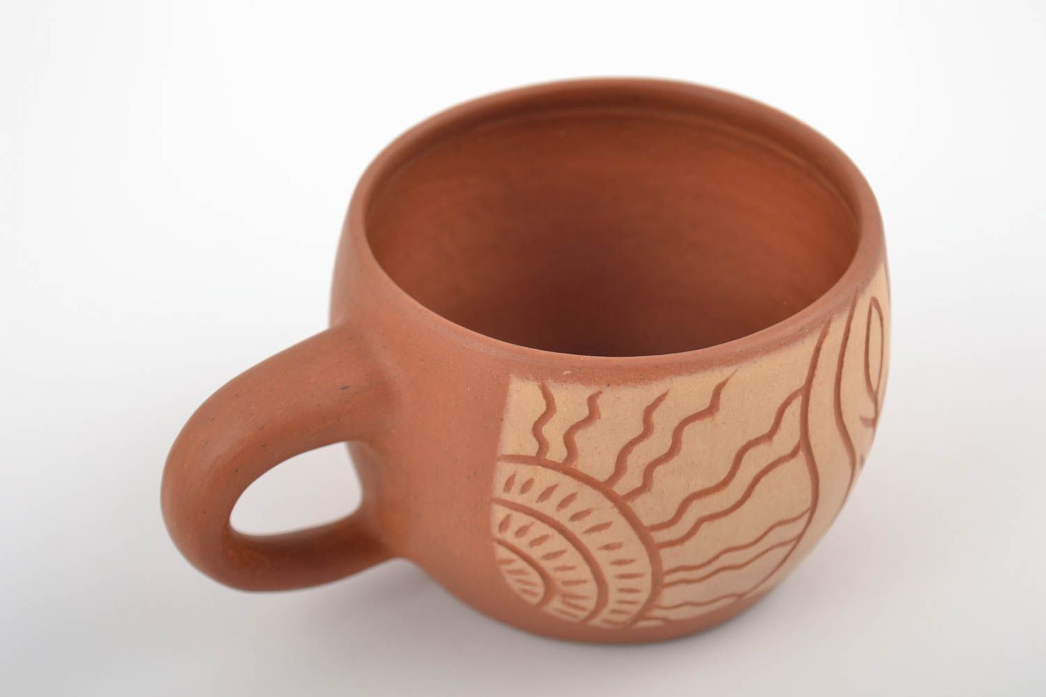 6 oz terracotta clay coffee cup with cave drawings and a handle photo 3