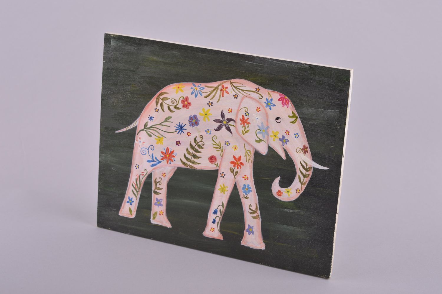 Handmade niedliches Wandbild Holz Wohn Accessoire Wand Poster blumiger Elefant foto 2