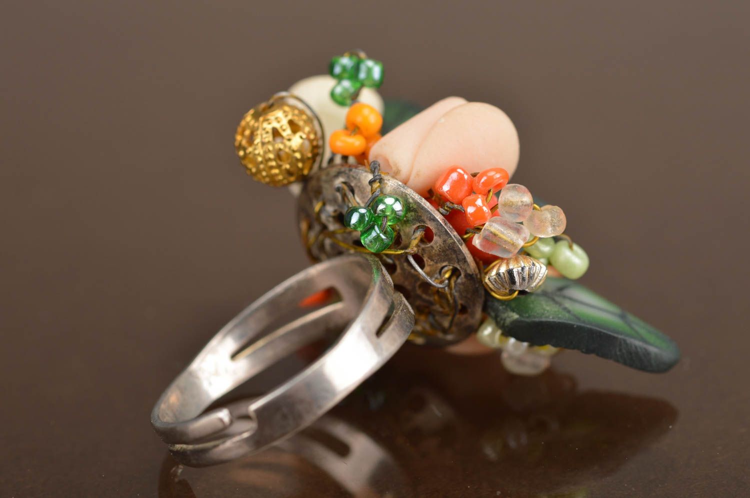 Handmade ring made of polymer clay with beads on adjustable foundation photo 4
