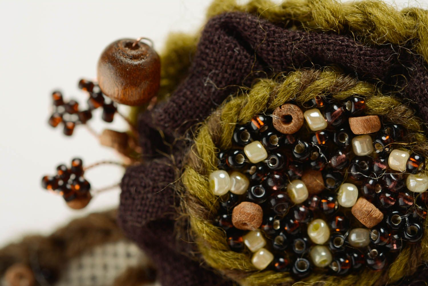 Handmade brown and green flower brooch crocheted of woolen threads with beads photo 4