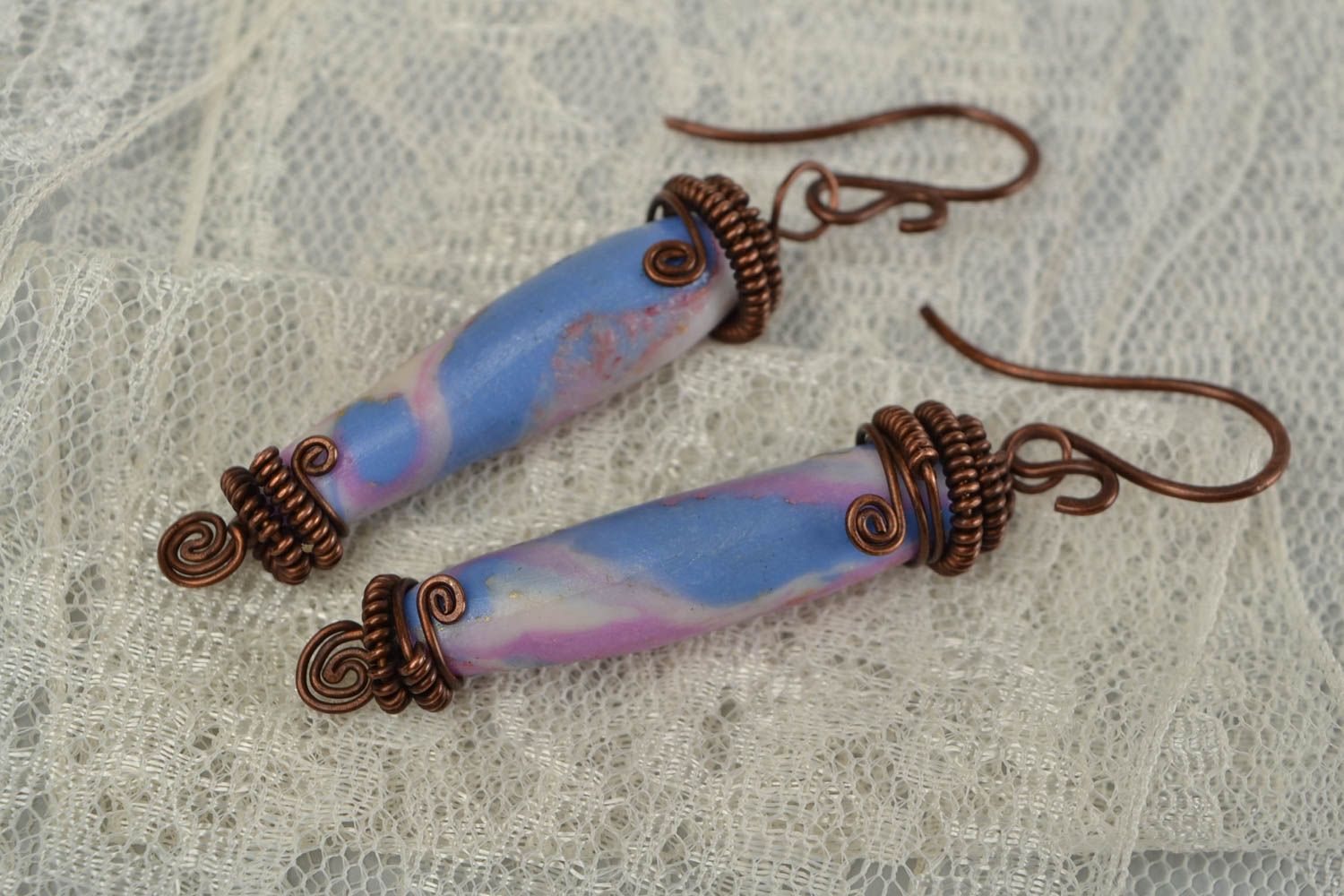 Women's handmade designer polymer clay earrings with wire wrap basis photo 5