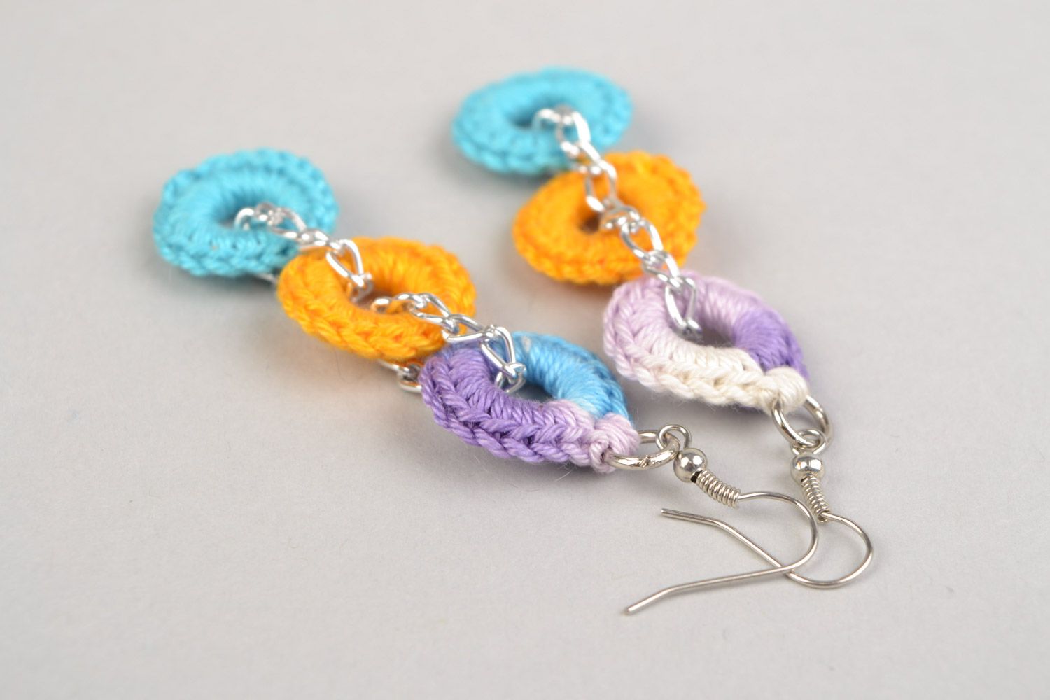 Handmade beautiful long round earrings woven of multicolored threads present for girl photo 4