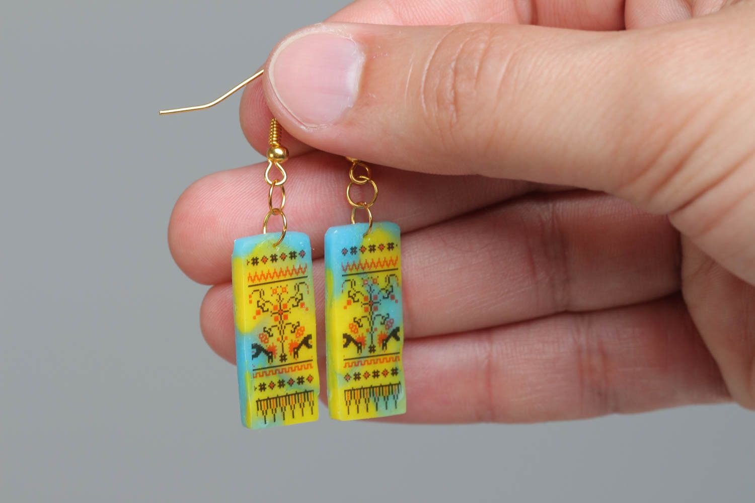 Handmade polymer clay earrings with Ukrainian symbolism yellow with blue photo 5