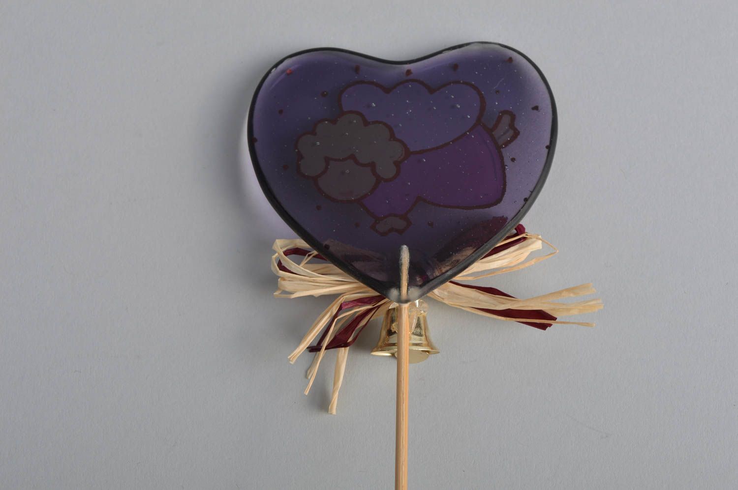 Handmade colorful heart on stick decorated with paints with bell  photo 4