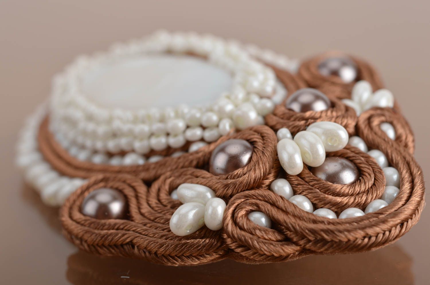 Beautiful handmade women's vintage soutache brooch with beads photo 4