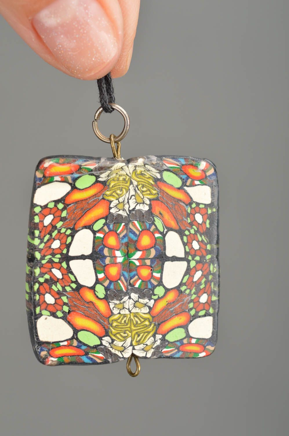 Designer multicolored square-shaped pendant on long cord handmade accessory photo 3