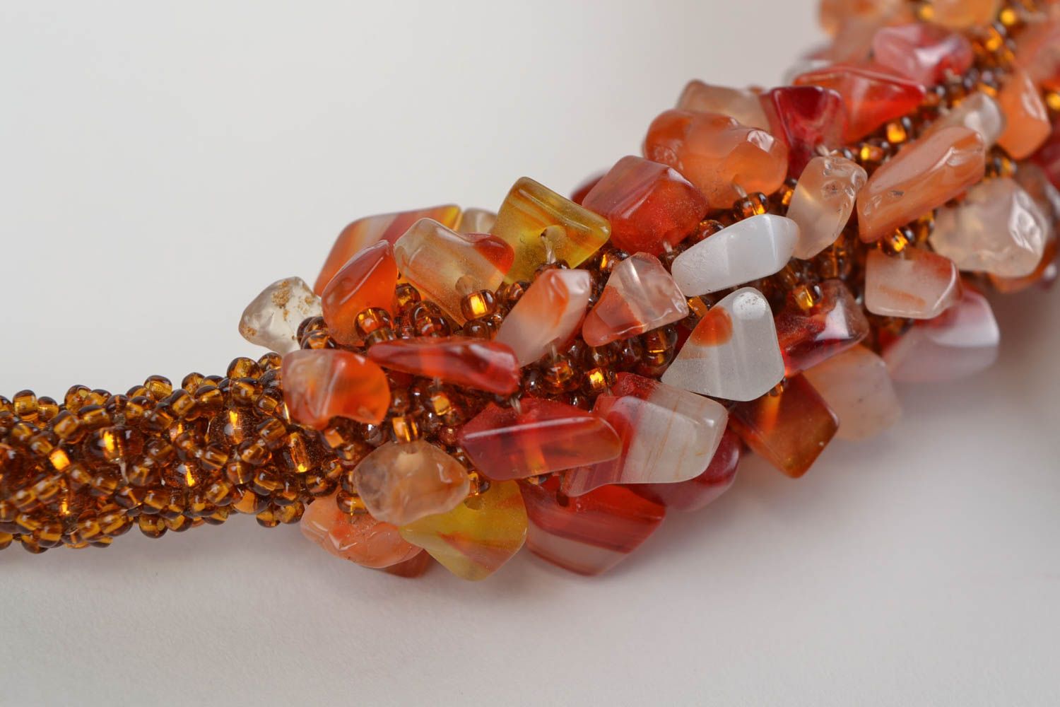 Handmade designer beaded necklace made of natural stones of amber color photo 3
