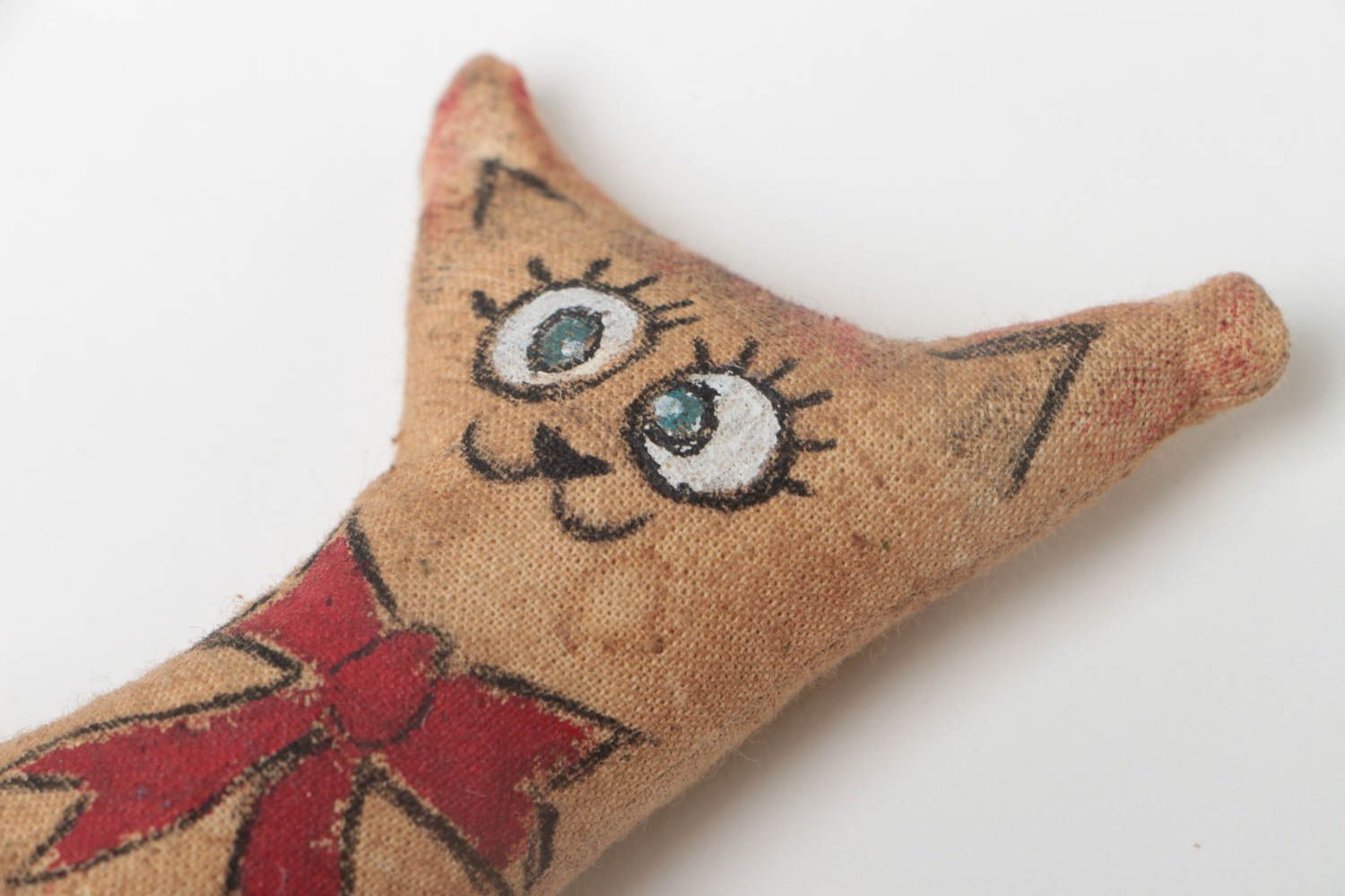 Handmade funny coarse calico fabric soft toy painted with acrylics brown cat photo 3
