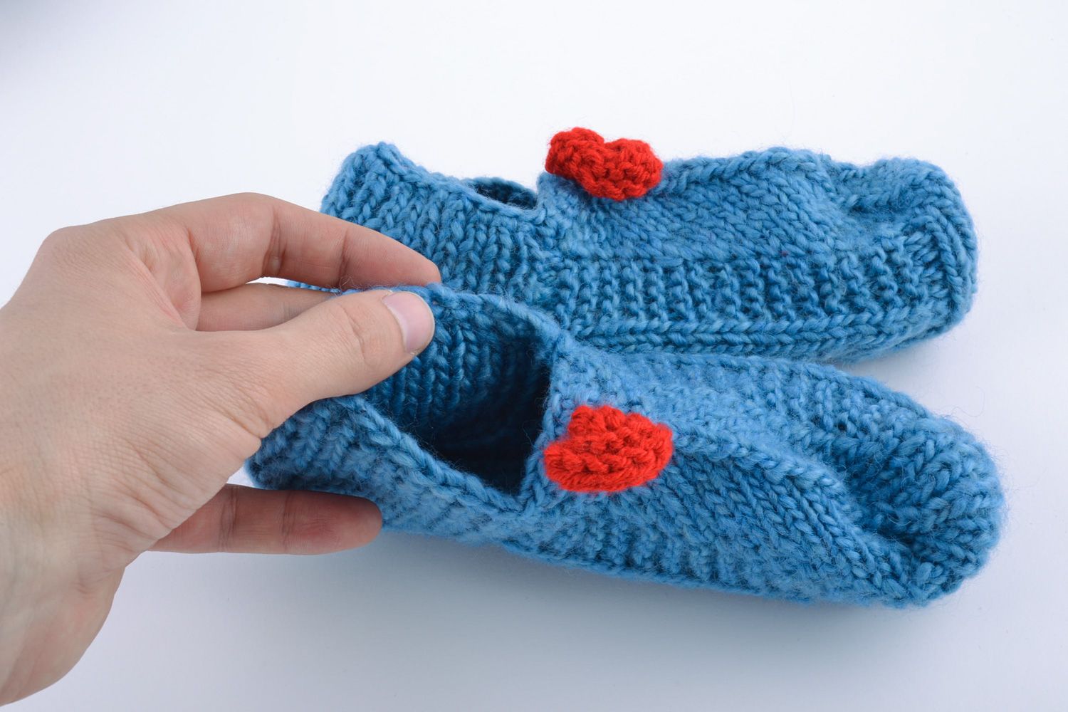 Handmade warm knitted half-woolen women's slippers of blue color with red knitted accessories photo 5