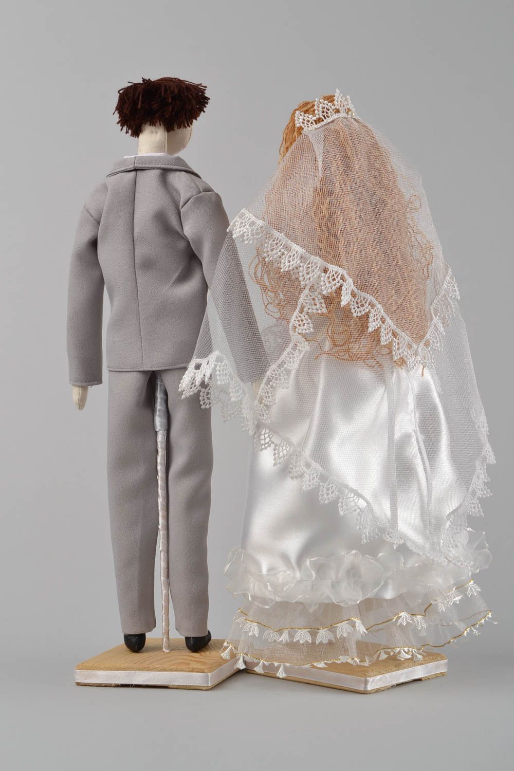 Set of 2 handmade designer fabric wedding soft dolls with stands bride and Groom photo 5