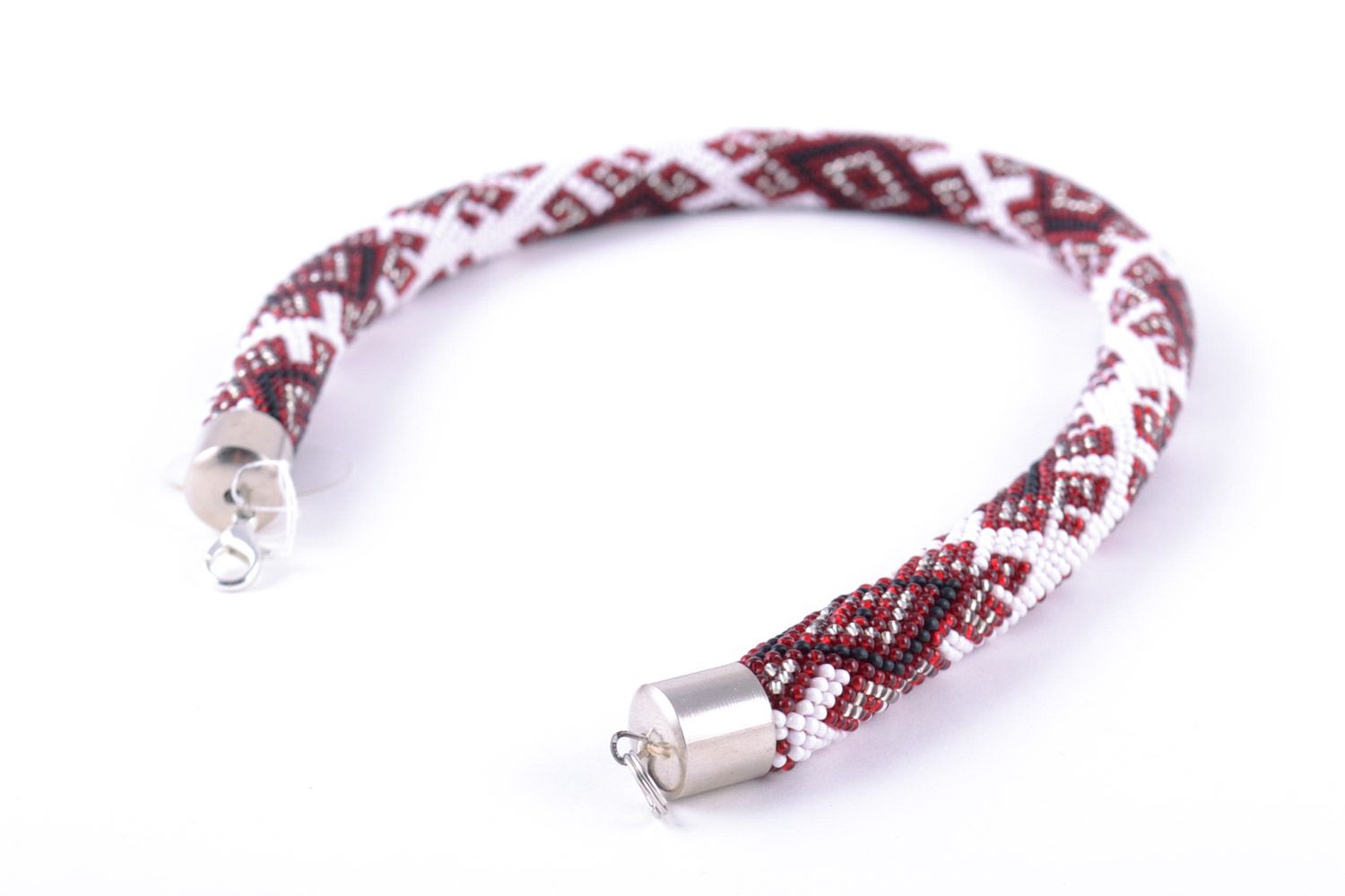 Handmade white beaded cord necklace with red patterns in ethnic style photo 5