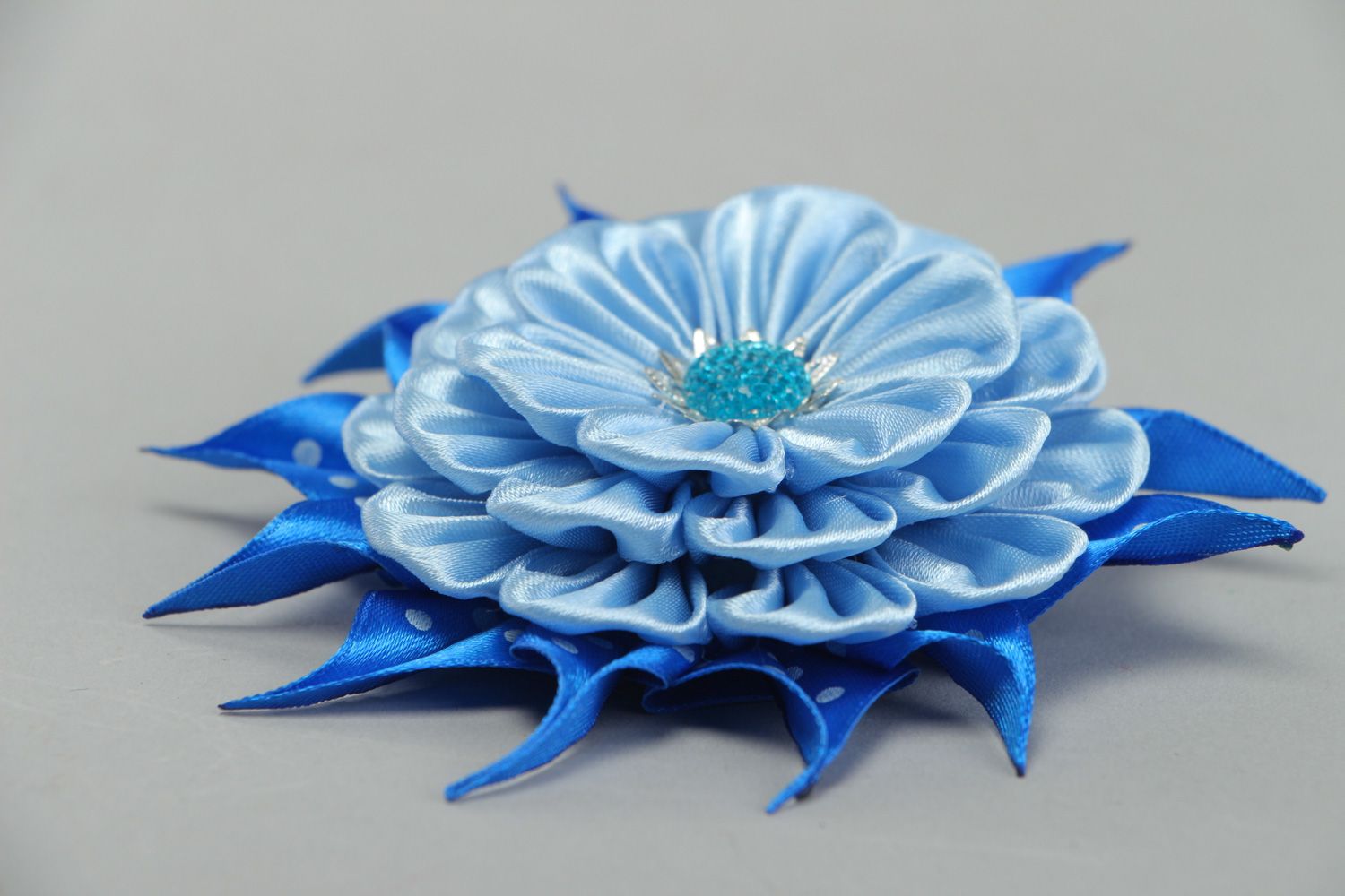 Handmade round hair clip with kanzashi satin ribbon blue flower with rhinestones photo 2