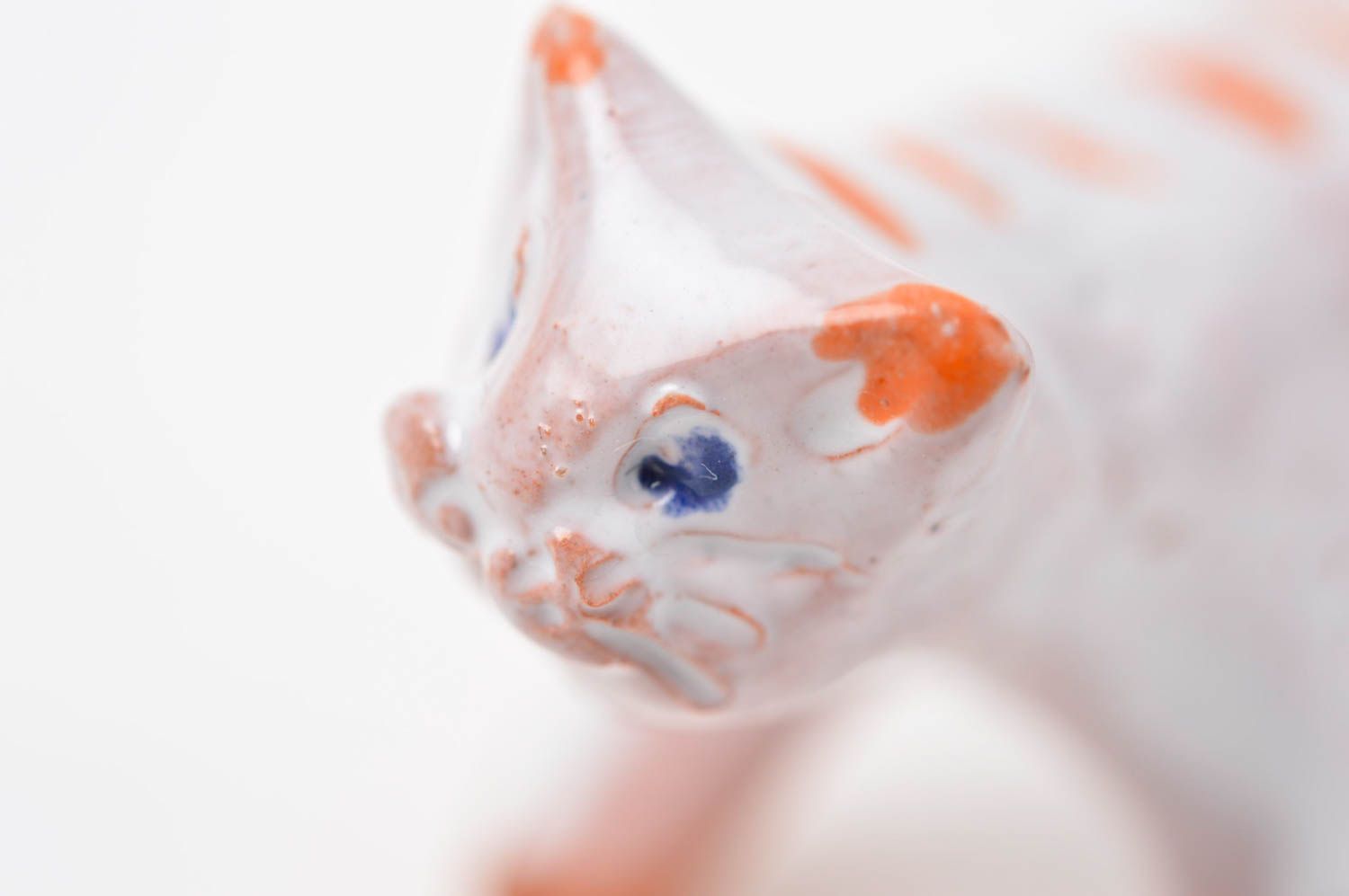 Figurine chat Statuette miniature fait main argile blanc orange Déco maison photo 10