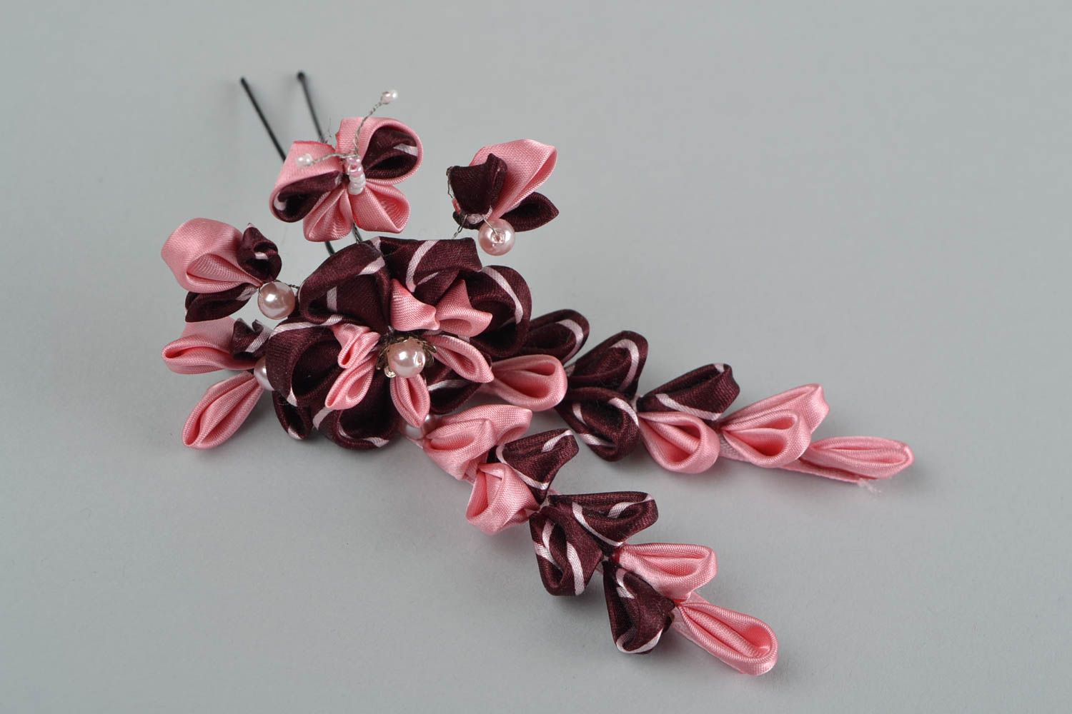 Beautiful large handmade designer hairpin with satin ribbon flower photo 5
