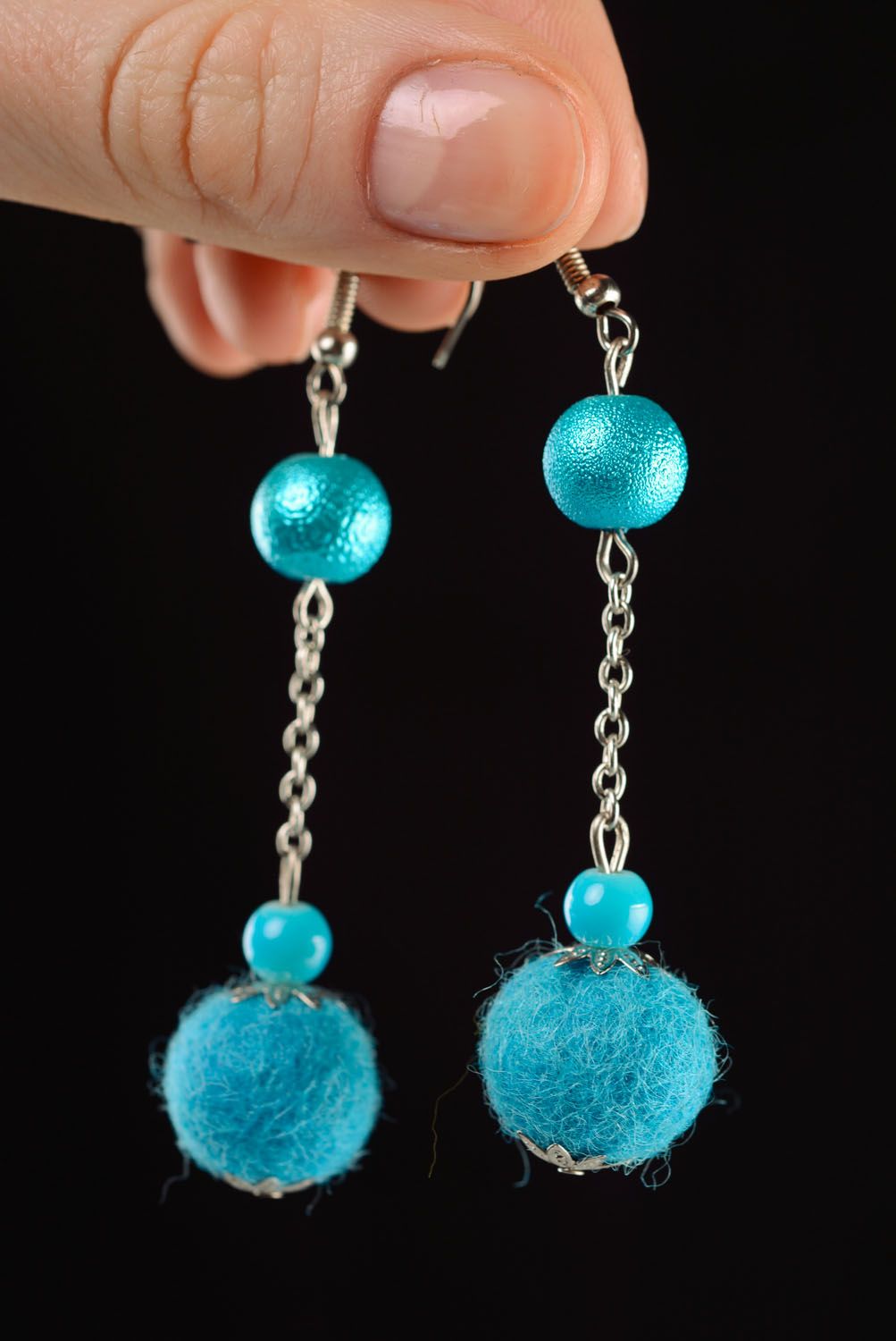 Long earrings with felt beads photo 2
