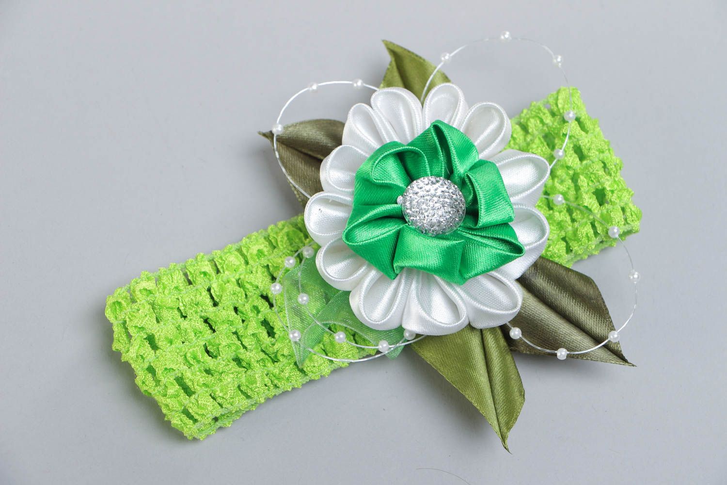 Handmade light green decorative headband with stretch basis and kanzashi flower photo 2