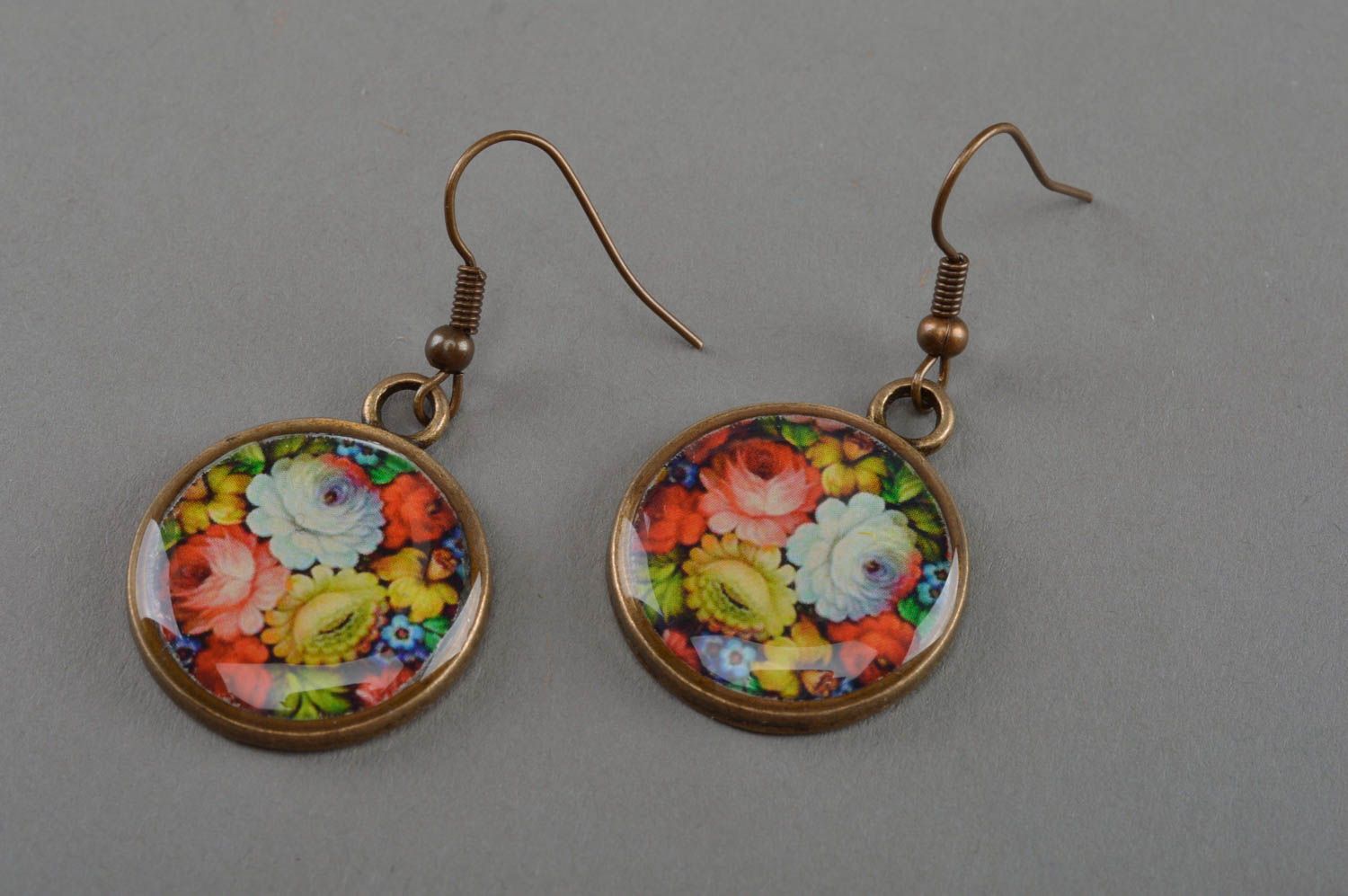 Unusual handmade designer decoupage round earrings with flower drawing photo 1