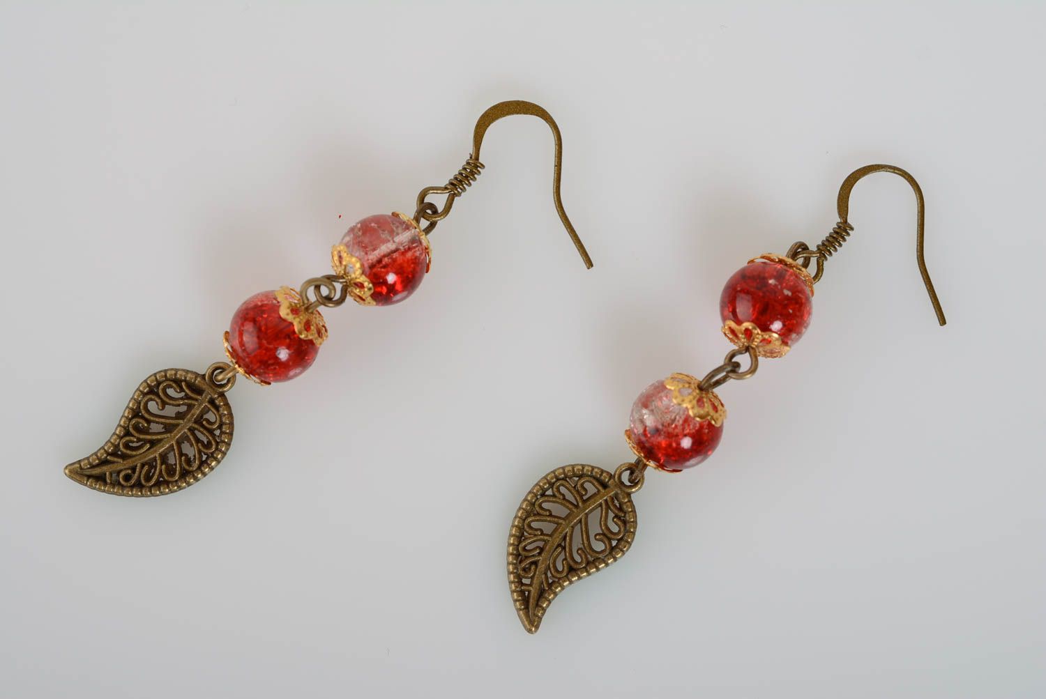 Beautiful earrings with glass beads charms handmade unusual red fancy accessory photo 3