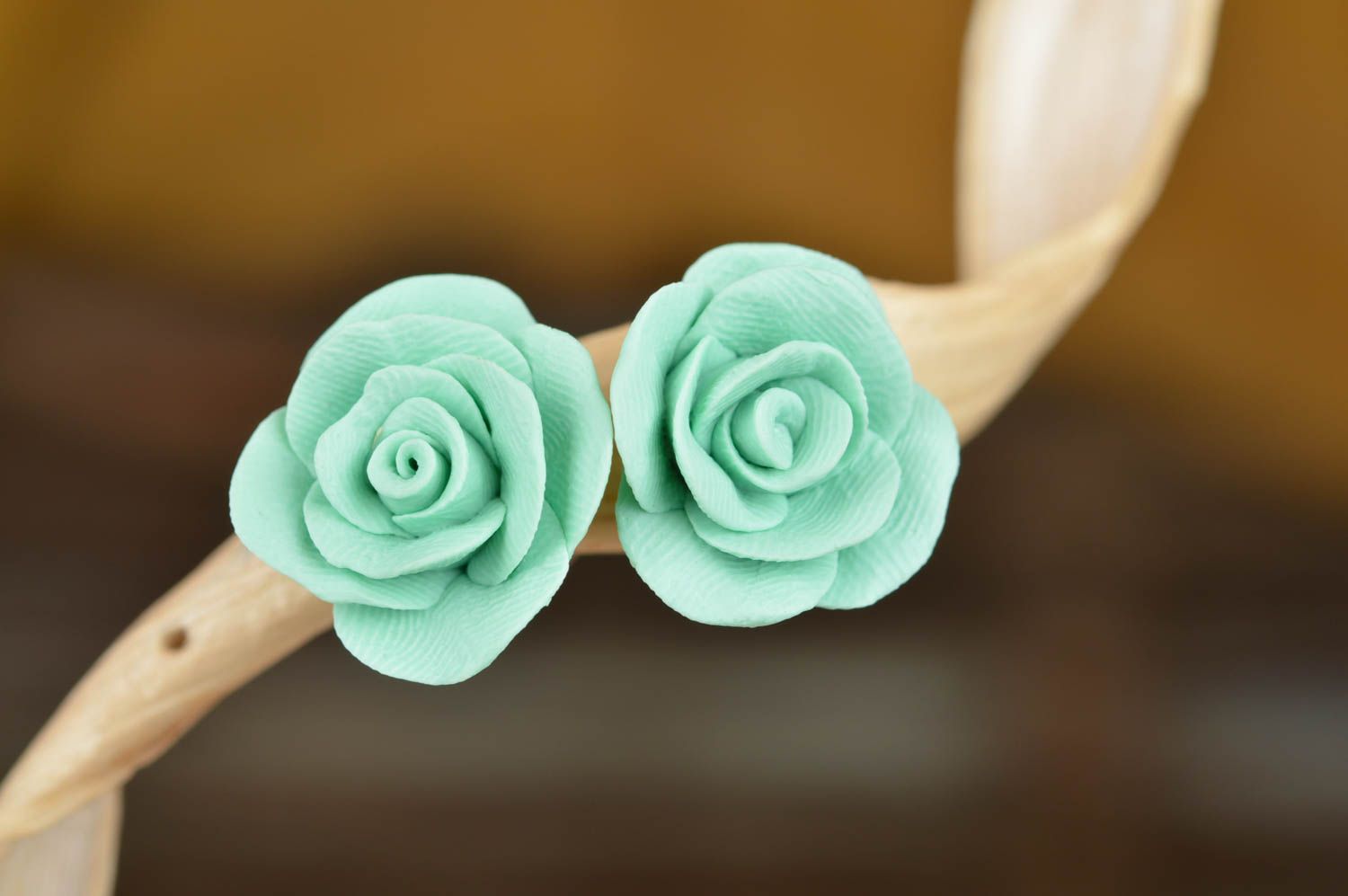 Beautiful handmade molded polymer clay flower stud earrings of mint color photo 5