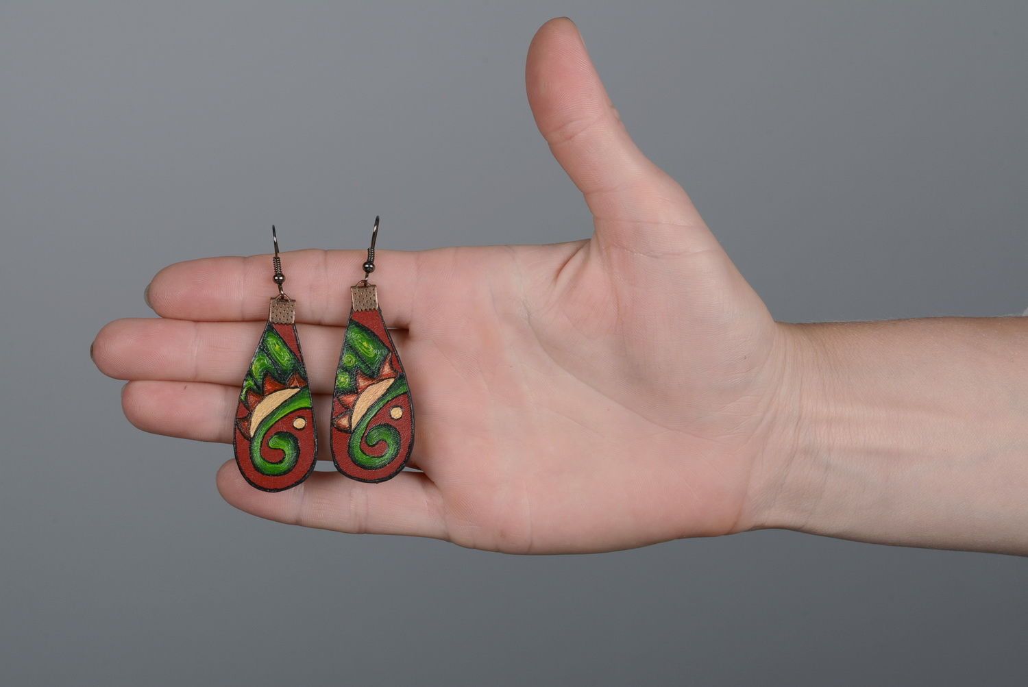 Leather earrings with ornament photo 5