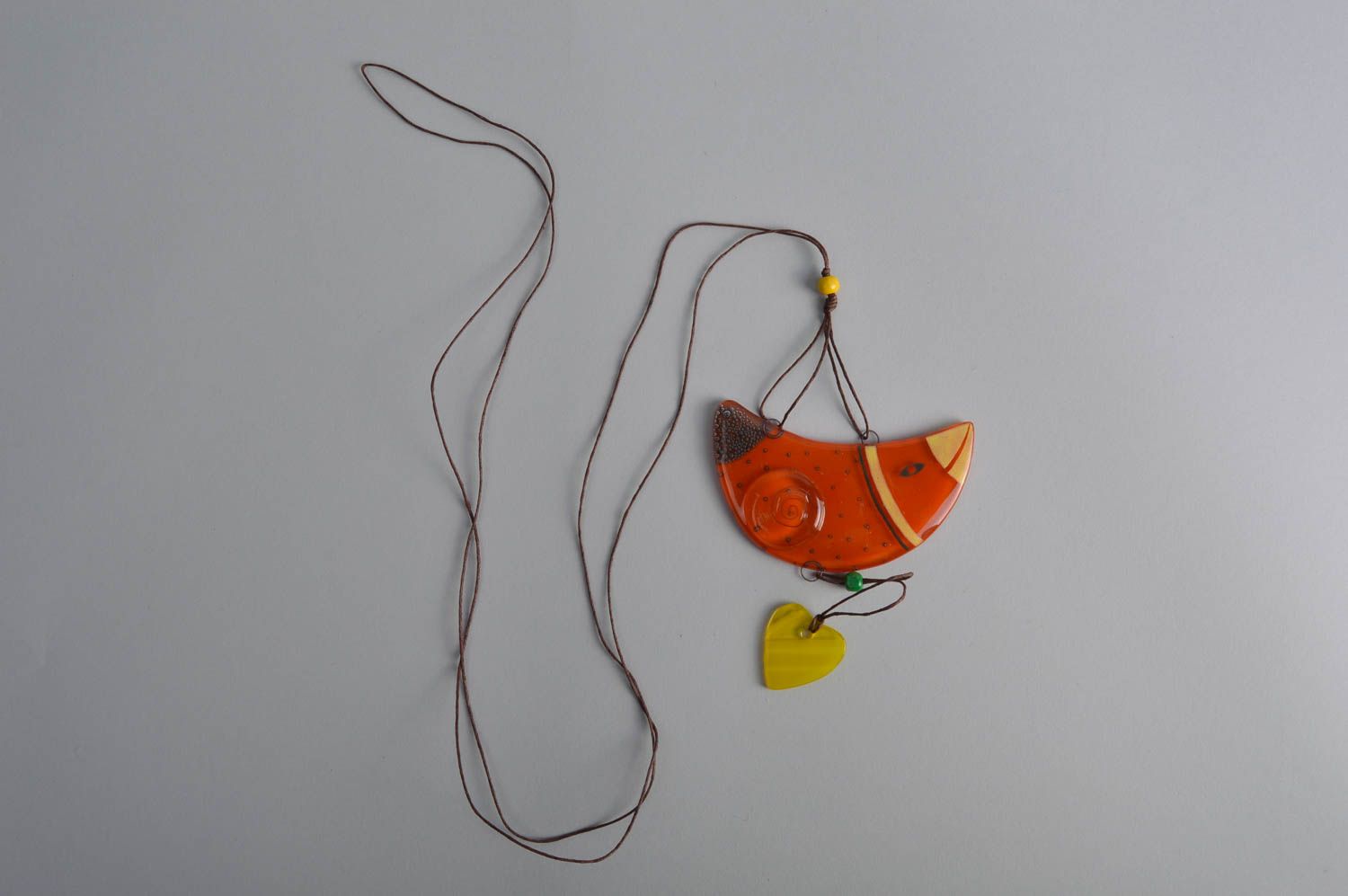 Handmade designer colorful glass wall hanging red bird with yellow heart charm photo 2