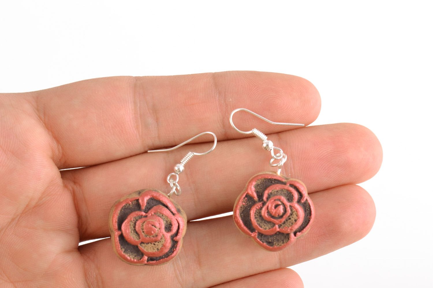 Handmade small brown ceramic dangling earrings painted with acrylics Flowers photo 2