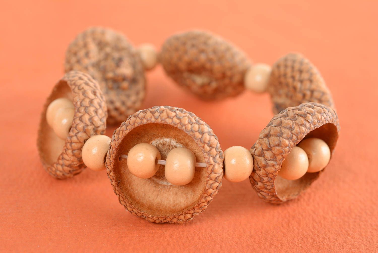 Bracelet with wooden beads and acorns handmade accessory in eco-style photo 2