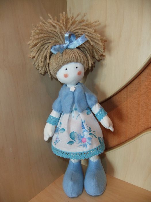 Handmade fabric doll in blue dress for gift photo 5