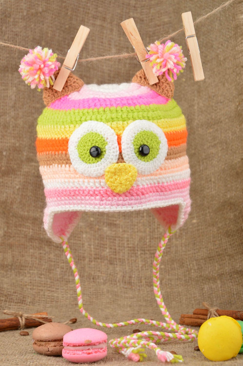 Unusual handmade beautiful crocheted cap in shape of owl on strings for kids photo 1