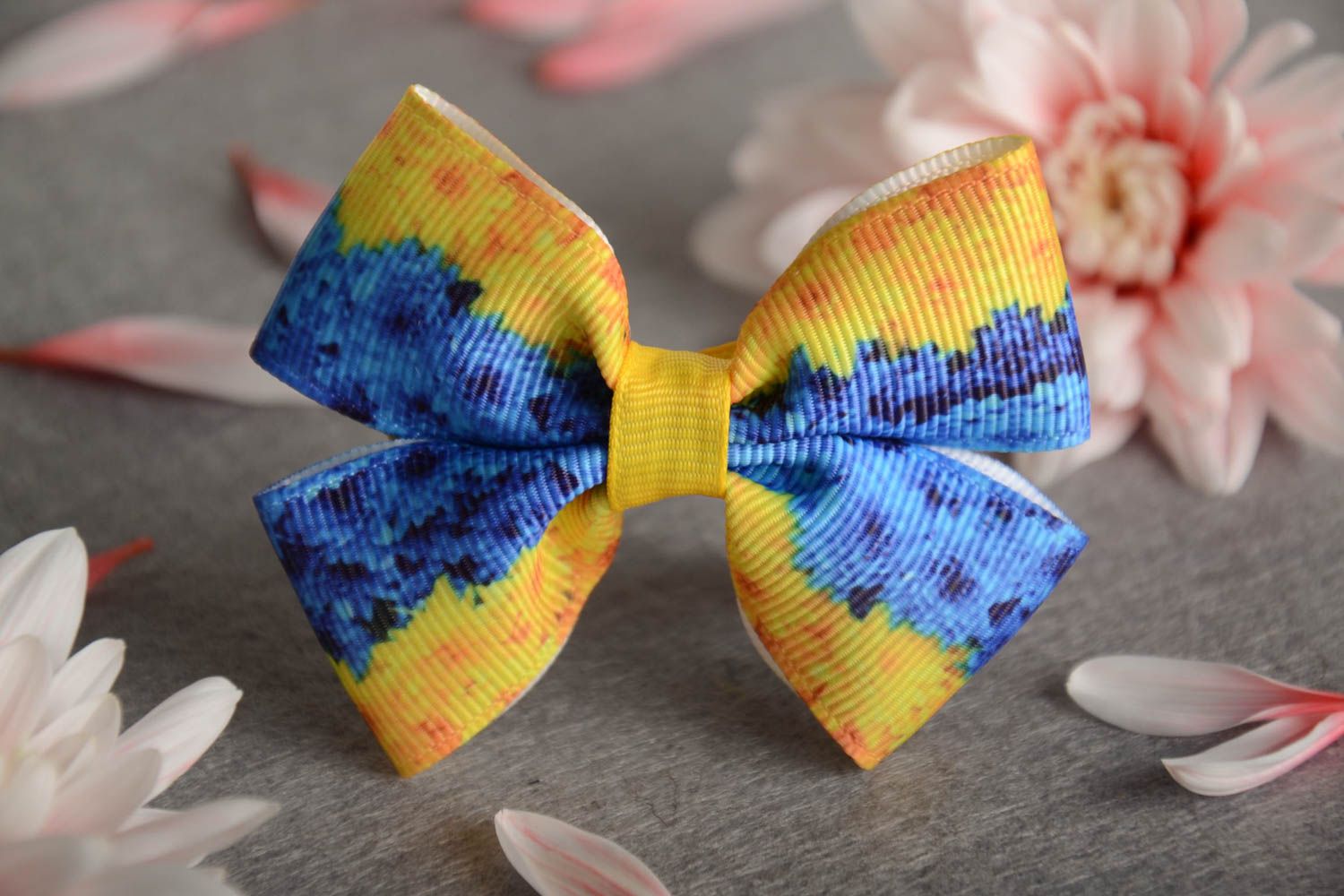 Handmade stylish designer rep ribbon children's hair clip blue and yellow photo 1