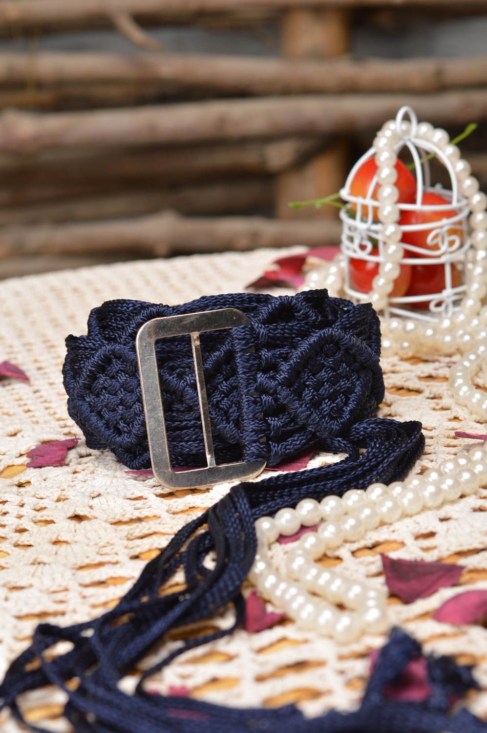 Пояс из шнурков плетеный ручной работы женский синий темный с пряжкой стильный фото 1