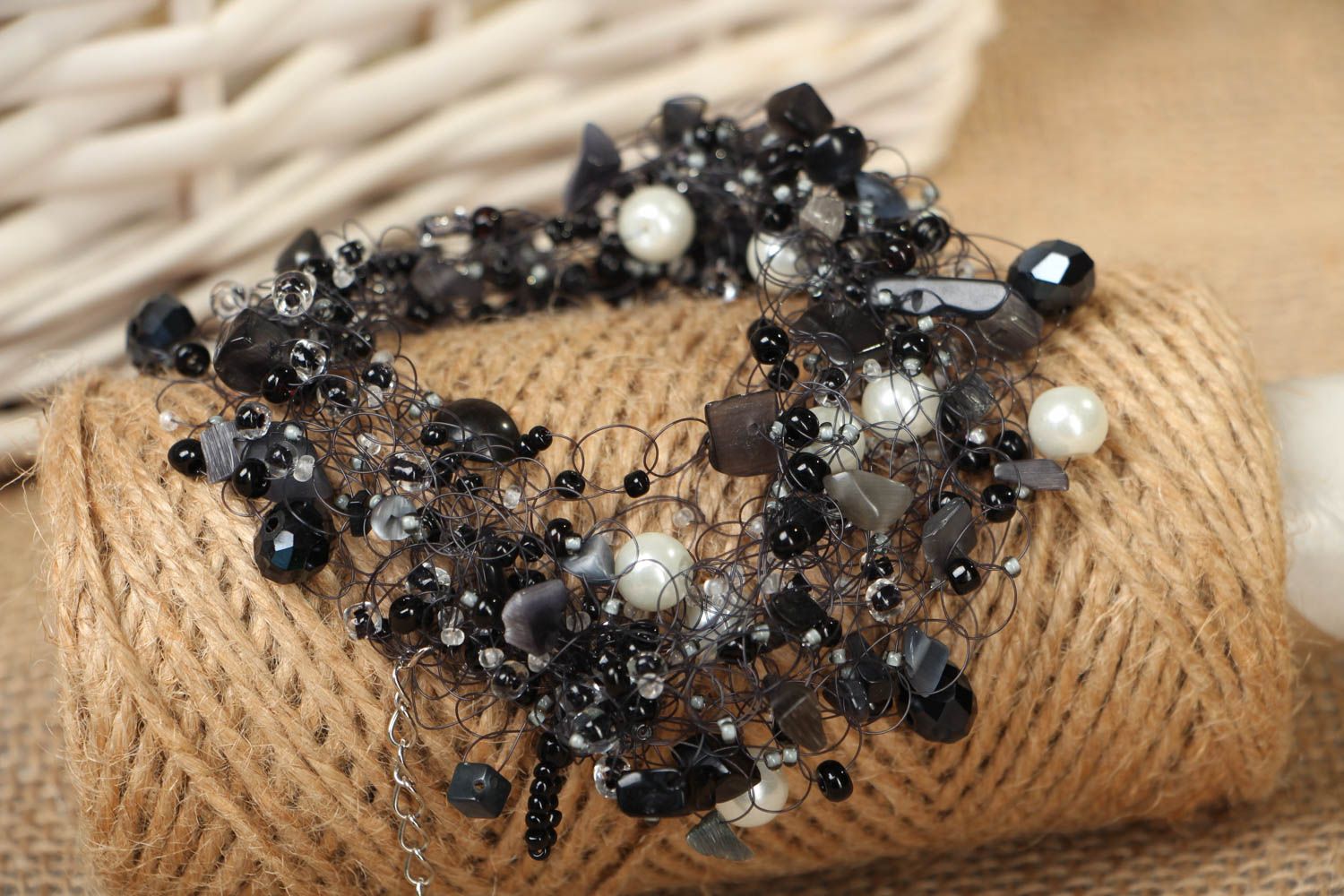 Black bracelet with beads and natural stones photo 4