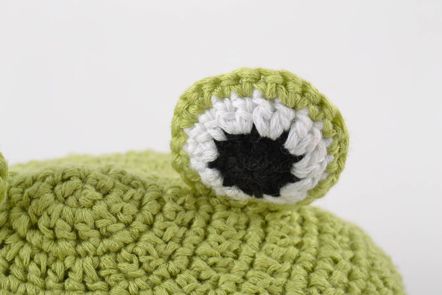 Handmade crocheted hat made of cotton threads in the form of green frog for boys photo 3