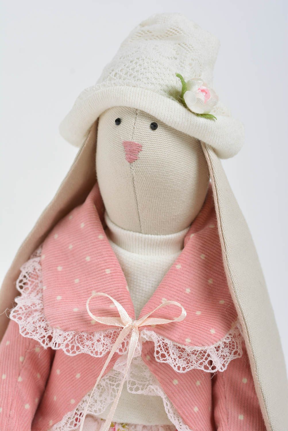 Handmade designer interior soft doll rabbit girl in pink clothing and white hat photo 2